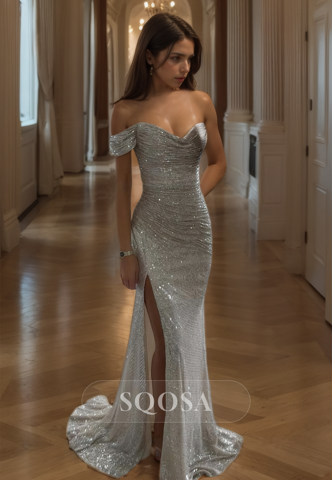 Off-Shoulder Sleeveless Glitter-Knit Formal Gowns Sweetheart Pleated Sequined Mermaid Prom Dress