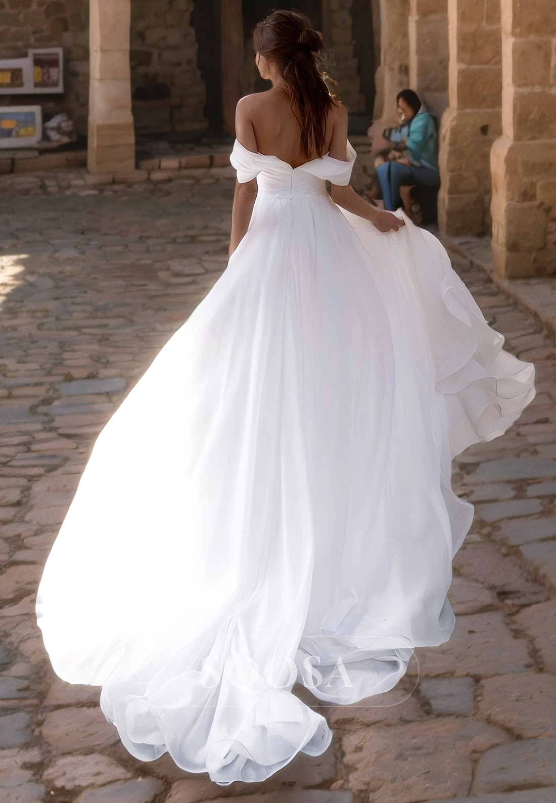 Off-Shoulder A-Line Sweetheart Pleated Beaded Chiffon With Train Wedding Dress