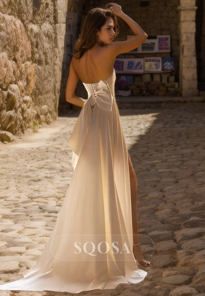 Sleeveless Pleated Tube Top Fitted Beach Wedding Dress Beaded High Slit Sweep Train Bridal Dress with Bow