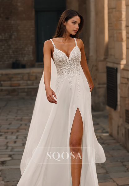 Spaghetti Straps V-Neck Beaded Appliques Satin A-Line Wedding Dress Slit with Sweep Train