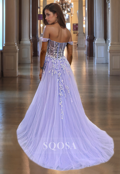 Sweetheart Sleeveless Off-Shoulder Train with Lace Applique Party Dress A-Line Tulle Prom Dress