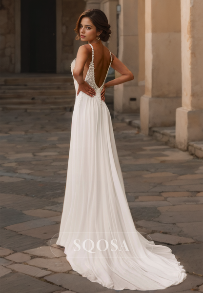 Spaghetti Straps V-Neck Beaded Appliques Satin A-Line Wedding Dress Slit with Sweep Train