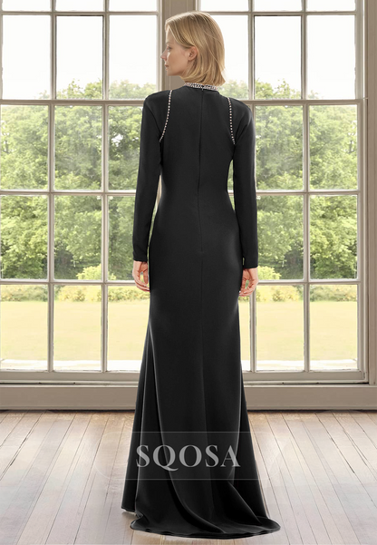 High Scoop-Neck Long-Sleeves Mermaid Mother of the Bride Dress Beaded Floor Length Satin Cocktail Gowns