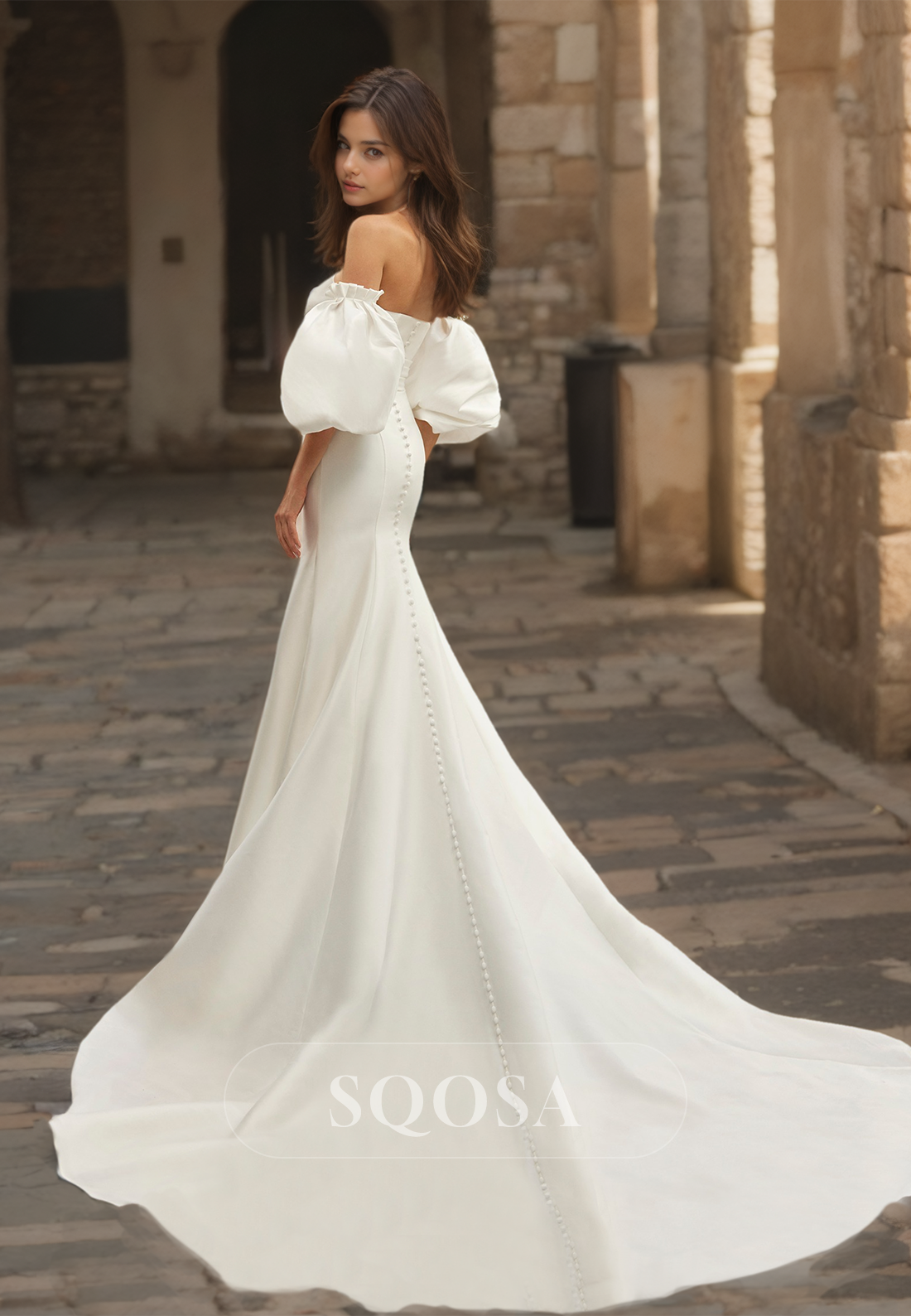 Asymmetrical Neck Satin Mermaid Wedding Dress Puff-Sleeves Pleated with Train Bridal Gowns