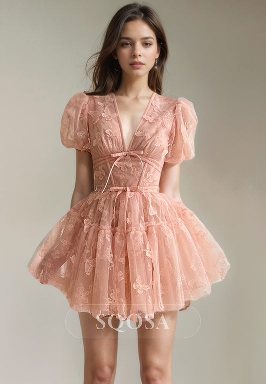 A Line V Neck Short Sleeves Pink Homecoming Dress Short Prom Party Dress