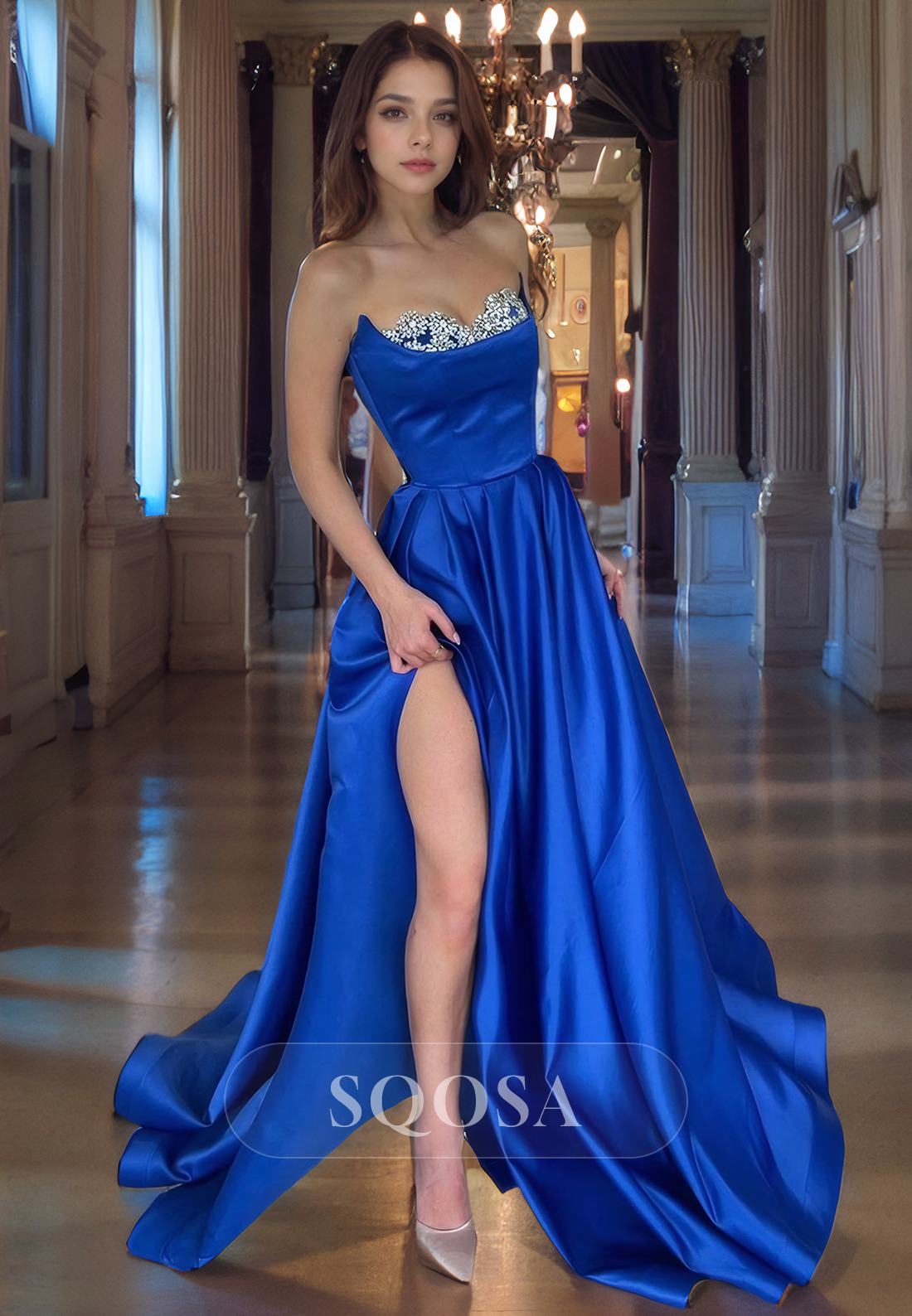 A Line Strapless Satin Beads Long Prom Dress with Slit Blue Formal Gown