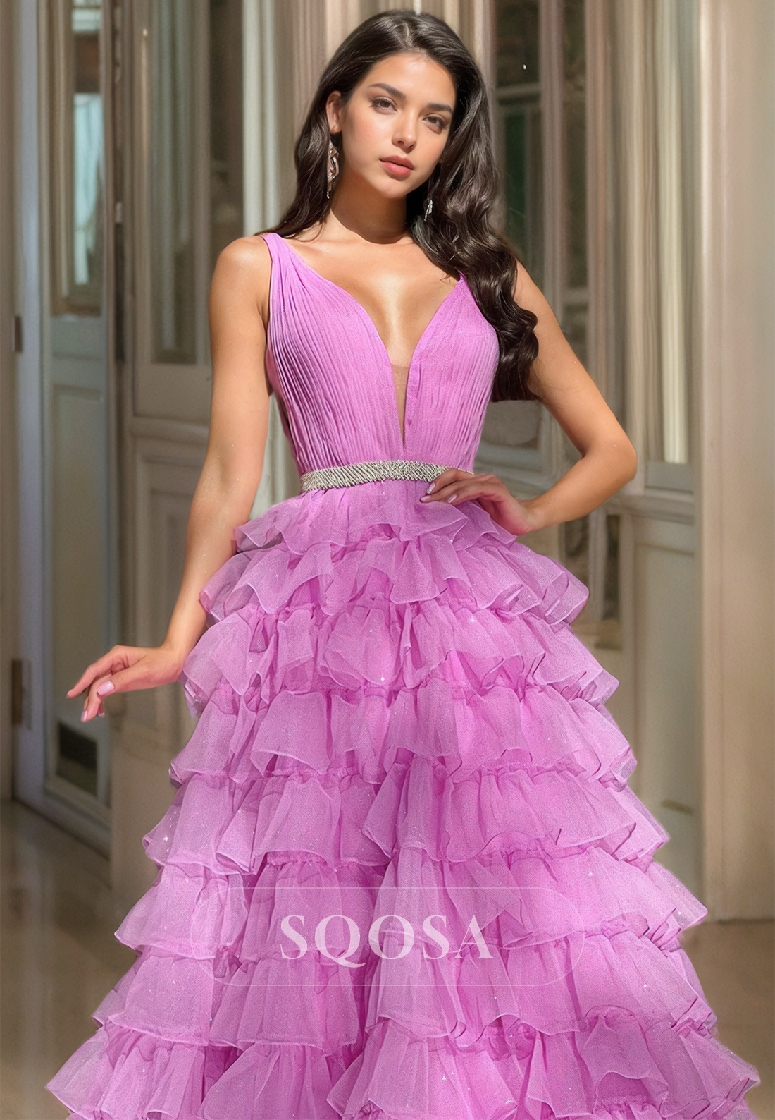 Deep V-Neck Sleeveless Spaghetti Straps A-Line Prom Dress Glitter-Knit Pleated Beaded Party Dress