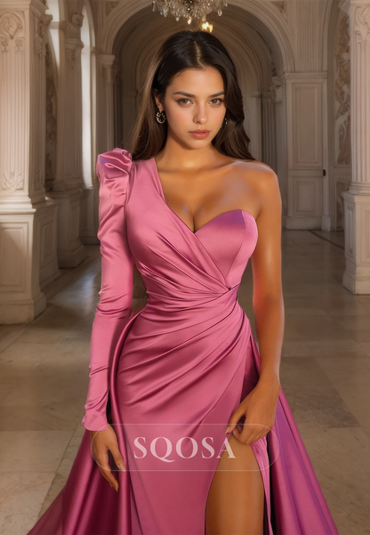 Asymmetrical Sweetheart One-Sleeve Pleated Satin Prom Dress High Split with Sweep Train Formal Dress