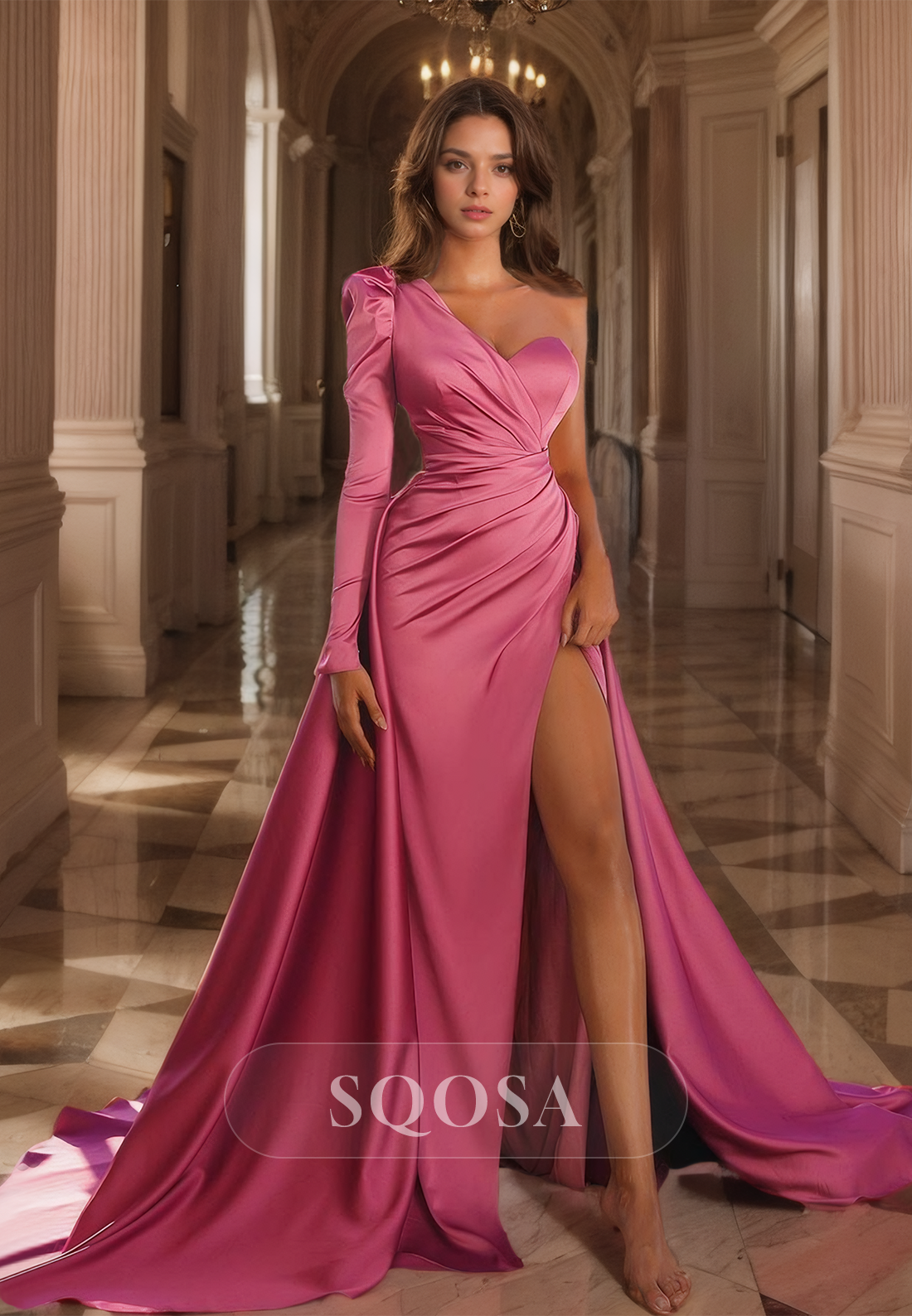 Asymmetrical Sweetheart One-Sleeve Pleated Satin Prom Dress High Split with Sweep Train Formal Dress