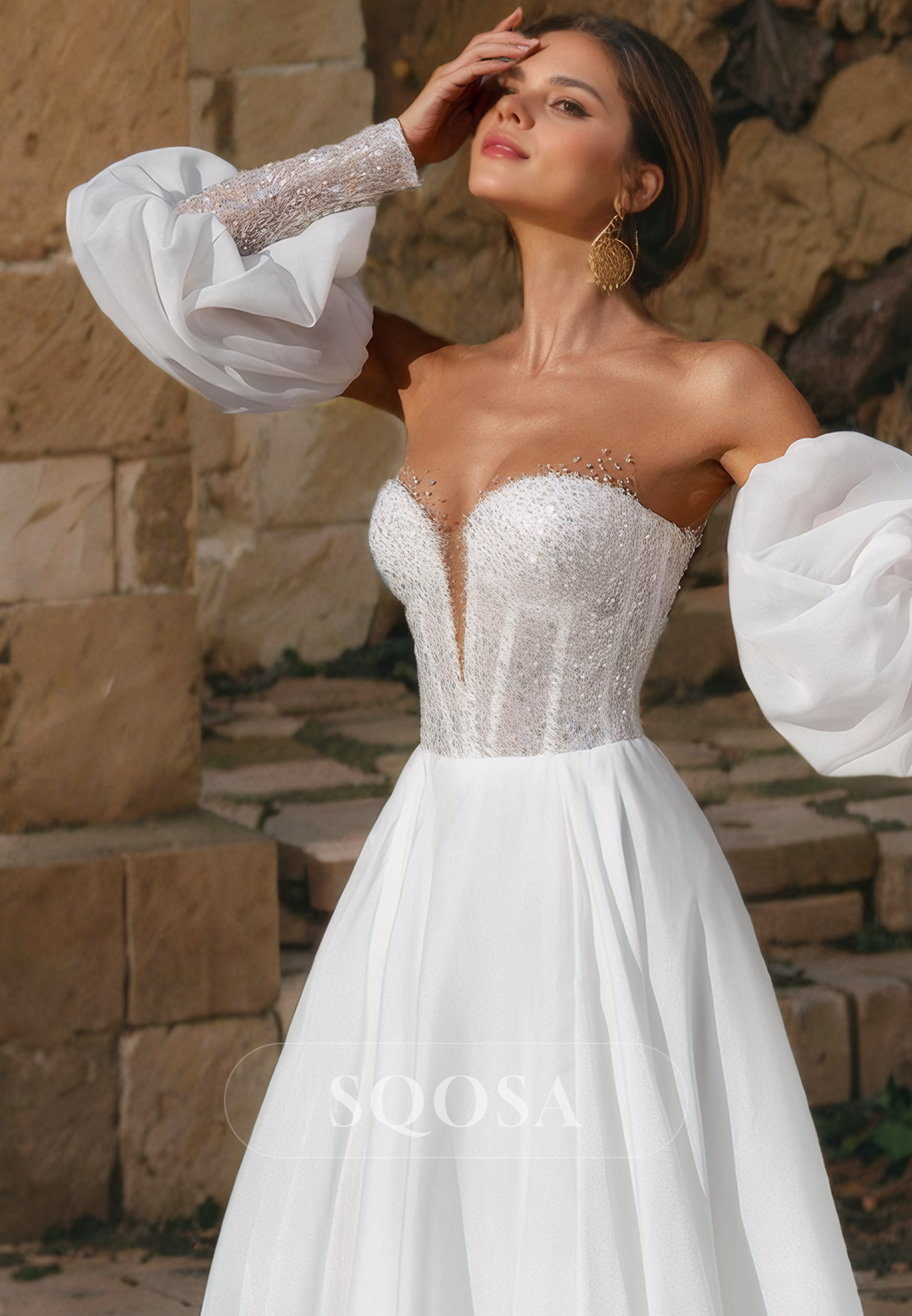 Chiffon Wedding Dress with Slit Long Puff Sleeves Deep V-Neck with Train Dress with Beaded