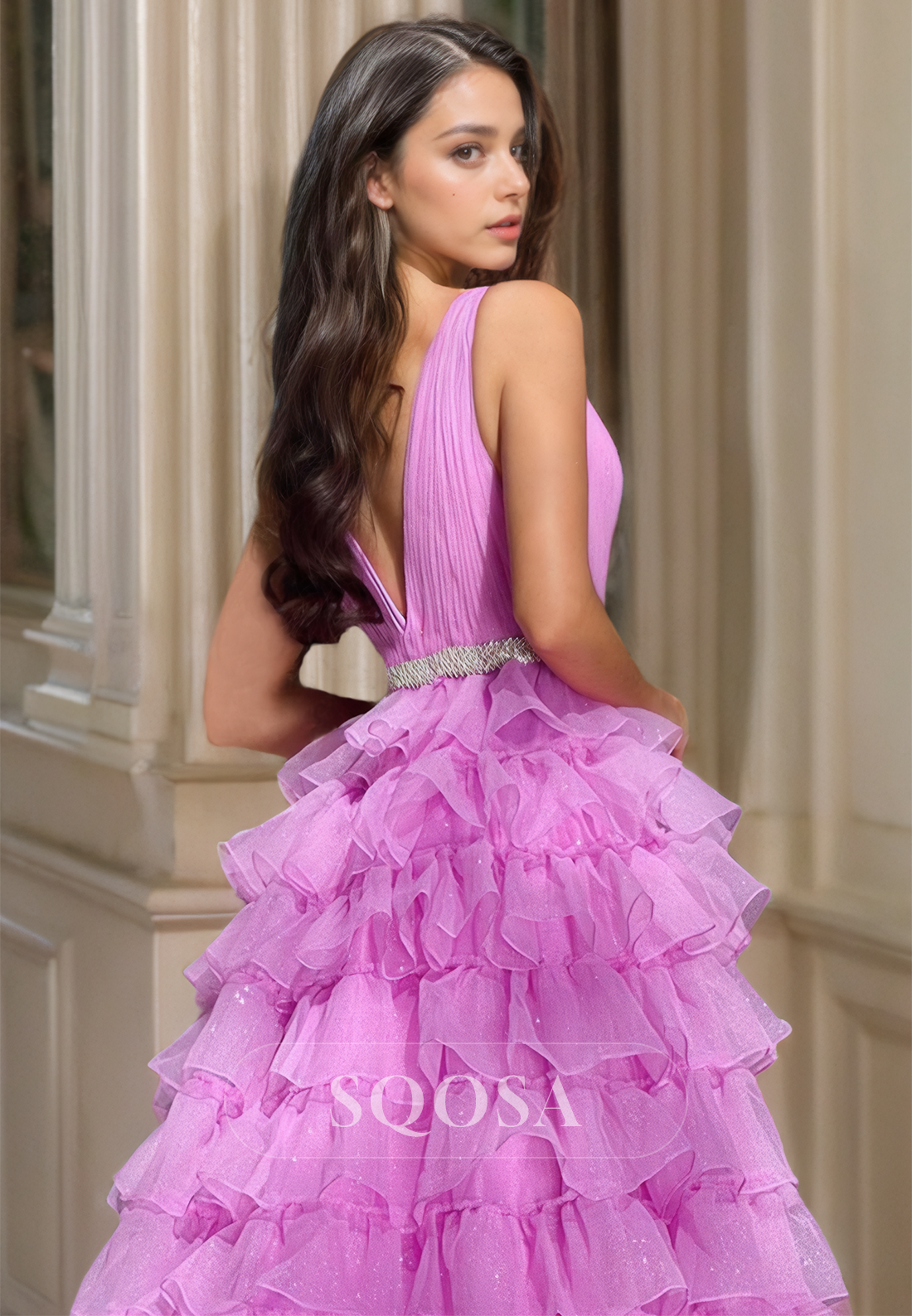 Deep V-Neck Sleeveless Spaghetti Straps A-Line Prom Dress Glitter-Knit Pleated Beaded Party Dress