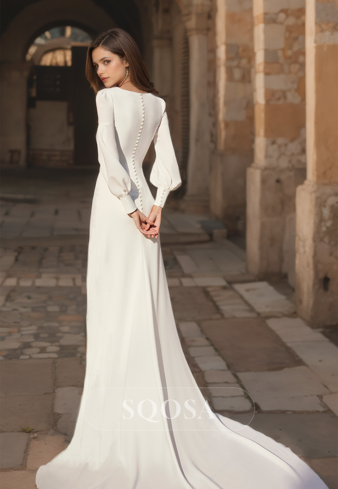 Square-Neck Long Sleeves Satin Fitted Wedding Dress High Split Sweep Train Boho Bridal Gown with Pleated