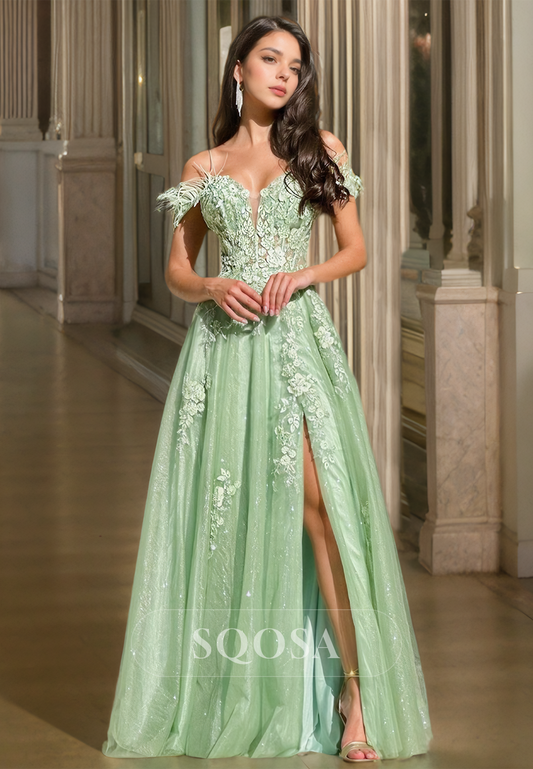 Sweetheart Sleeveless Glitter-Knit Applique Fringed Floor-Length A-Line Prom Dress with High Slit