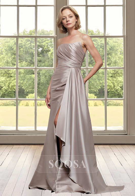 Tube Top Sleeveless Pleated Cocktail Gowns Off-Shoulder Satin Mermaid Mother of the Bride Dress