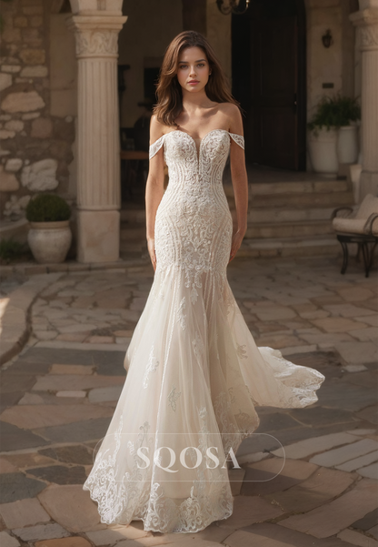 Sweetheart Off-Shoulder Beach Mermaid Wedding Dress Appliques Lace With Sweep Train Boho Gowns