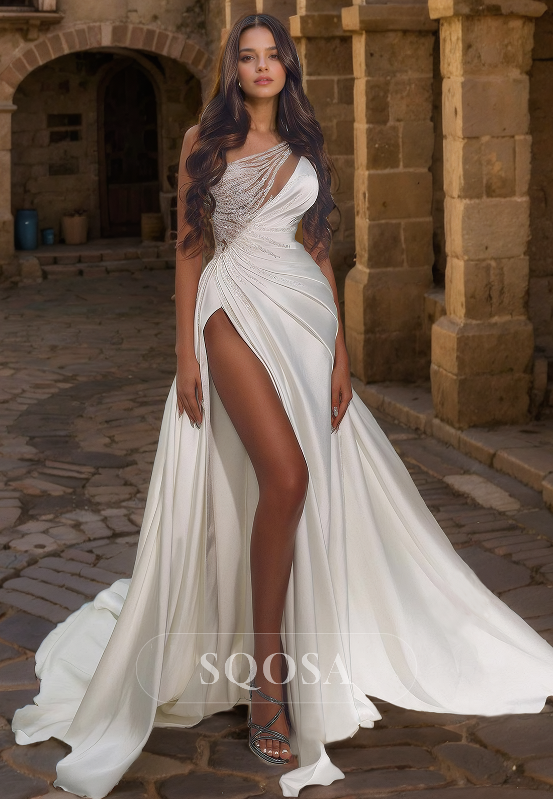 Mermaid One Shoulder Beads Satin Boho Wedding Dress with Slit