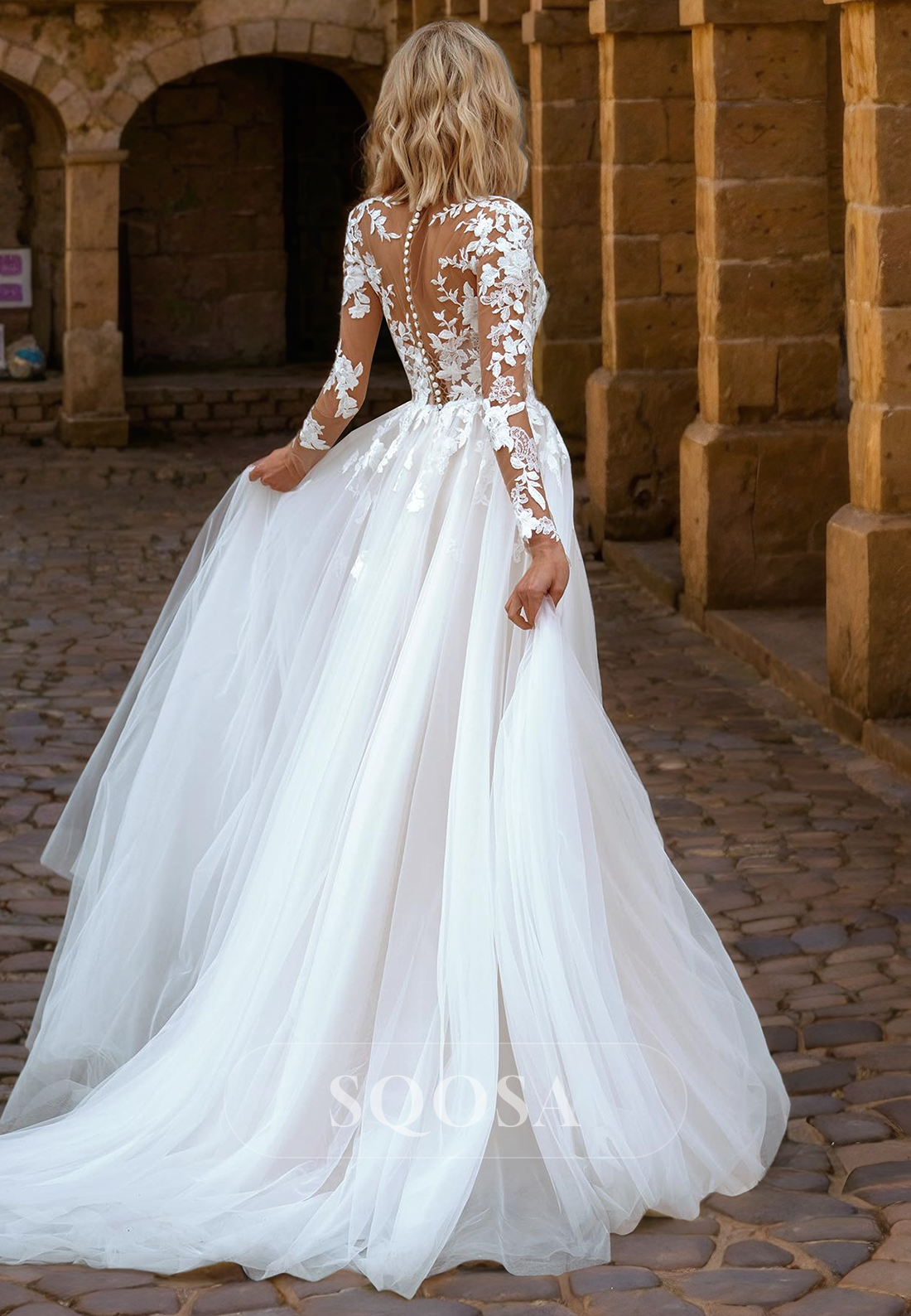 A Line Illusion Neckline Lace Appliques Long Sleeves Romantic Wedding – SQOSA A Line Illusion Neckline Lace Appliques Long Sleeves Romantic Wedding – SQOSA