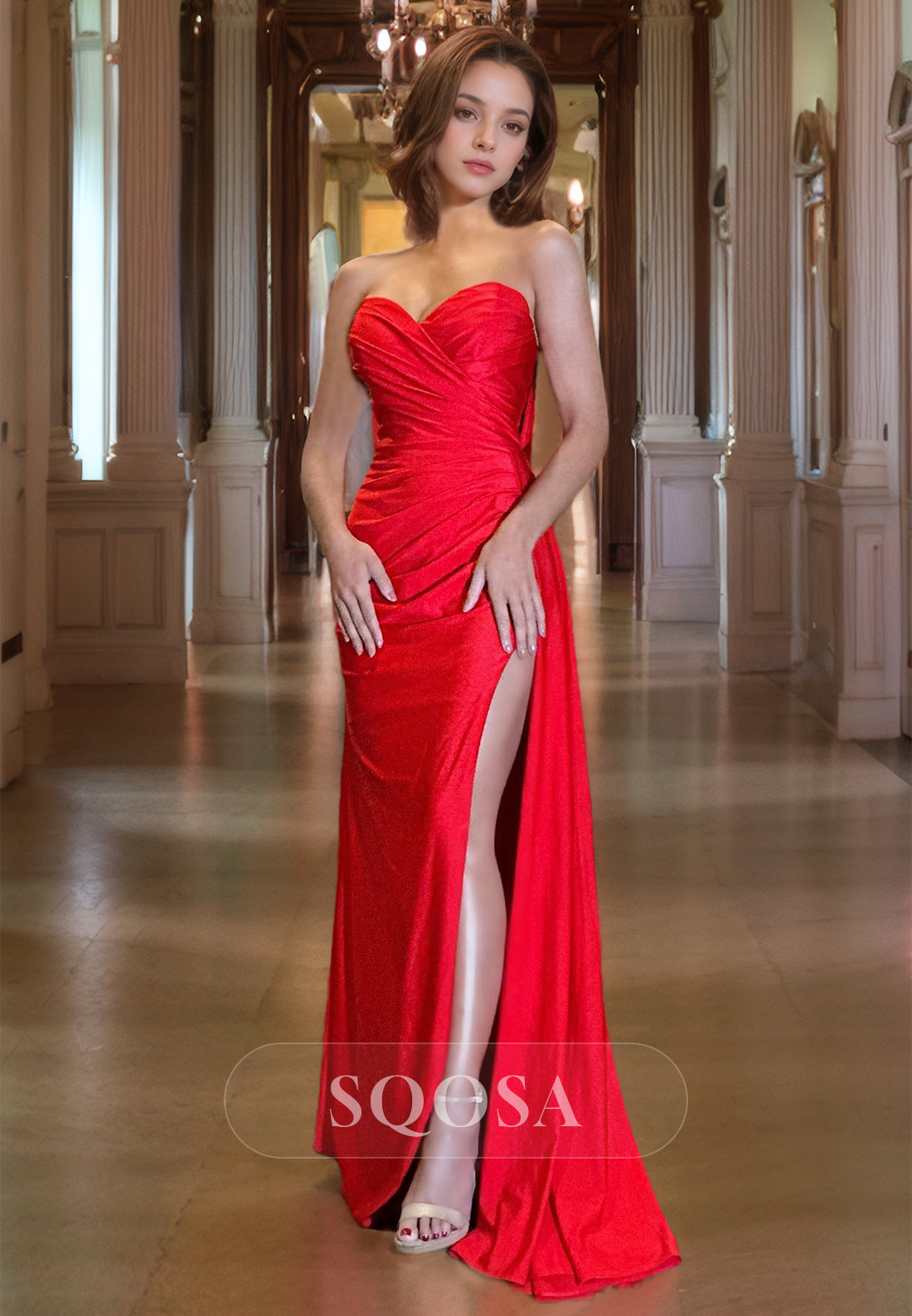 Sweetheart Sleeveless Fitted Prom Dress Floor Length Pleated with Slit Party Gowns