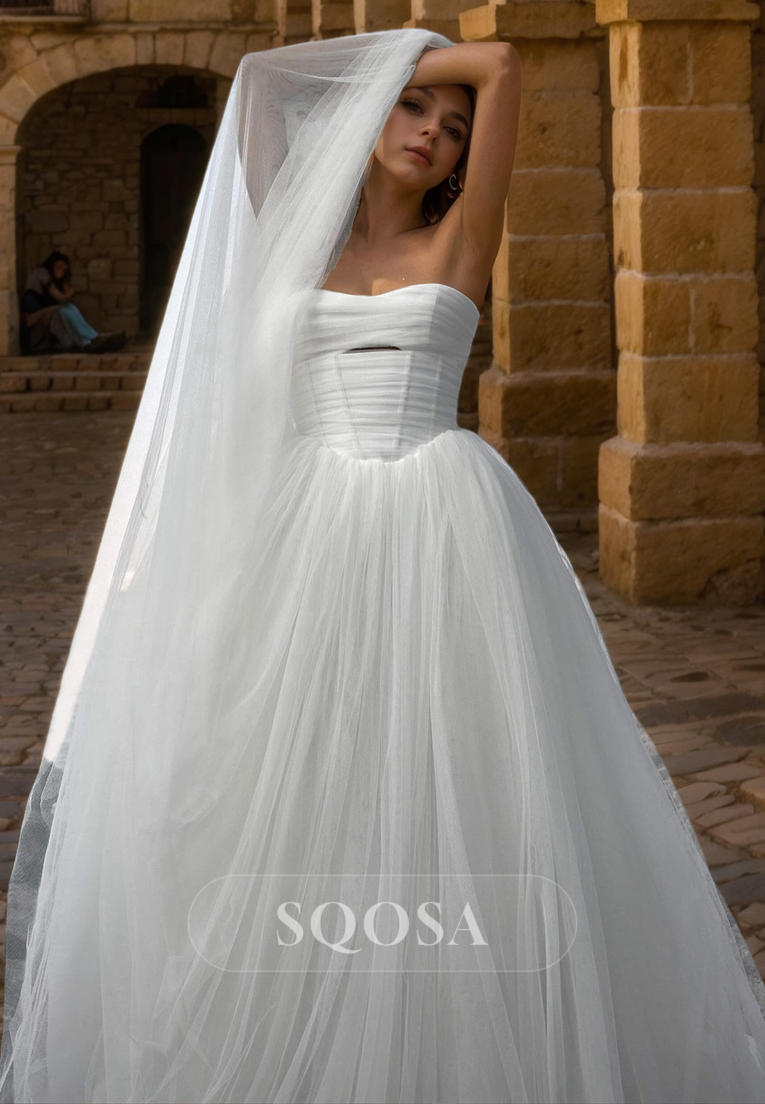 A Line Sweetheart Tulle Elegant Wedding Dress with Train