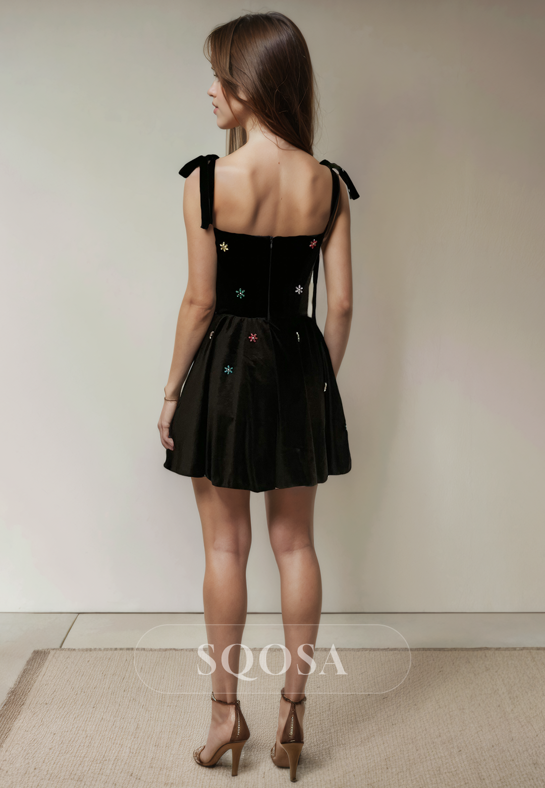 A Line Square Neckline Beads Black Homecoming Dress with Pockets Short Graduation Dress