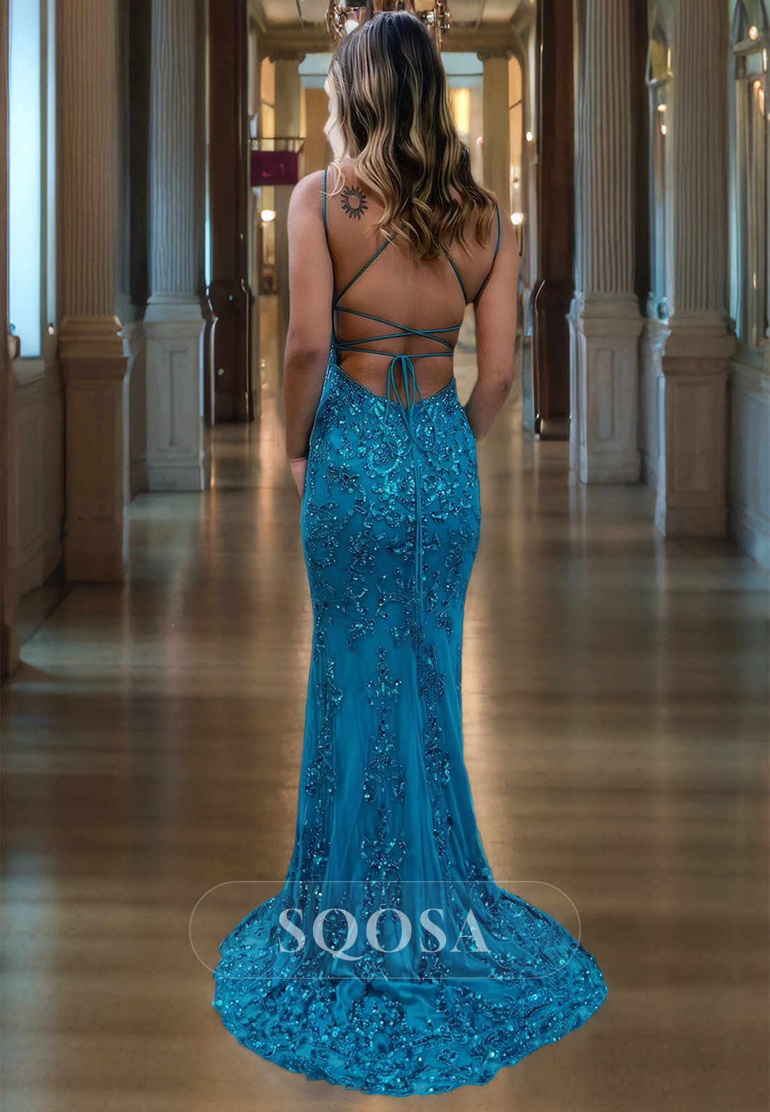 V-Neck Spaghetti Straps Mermaid Prom Dress with Applique and Beaded Sleeveless Sweep Train Evening Dress