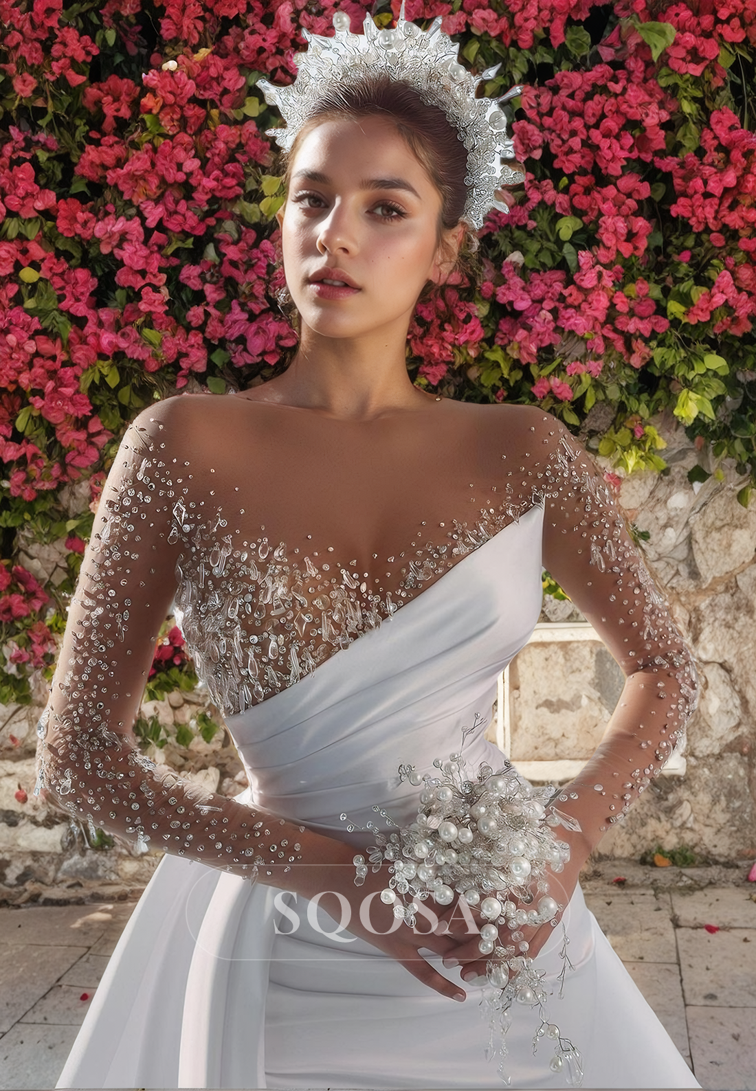 Illusion Neckline Beads Long Sleeves Mermaid Wedding Dress