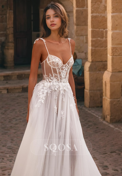 Sweetheart Spaghetti Straps Sleeveless A-Line Illusion Cutout Tulle Wedding Dress with Applique