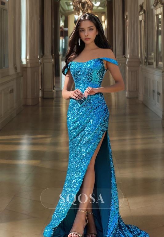 Scoop-Neck Off-Shoulder Sleeveless Mermaid Prom Dress Fully Sequined Pleated High Slit Party Gowns
