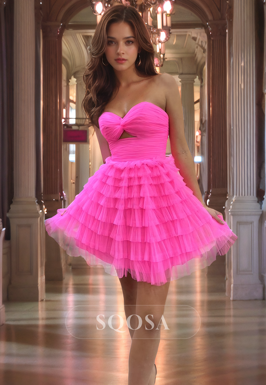 Homecoming Dress A-Line Sweetheart with Pleated Sleeveless Graduation Dress with Tulle Overlay