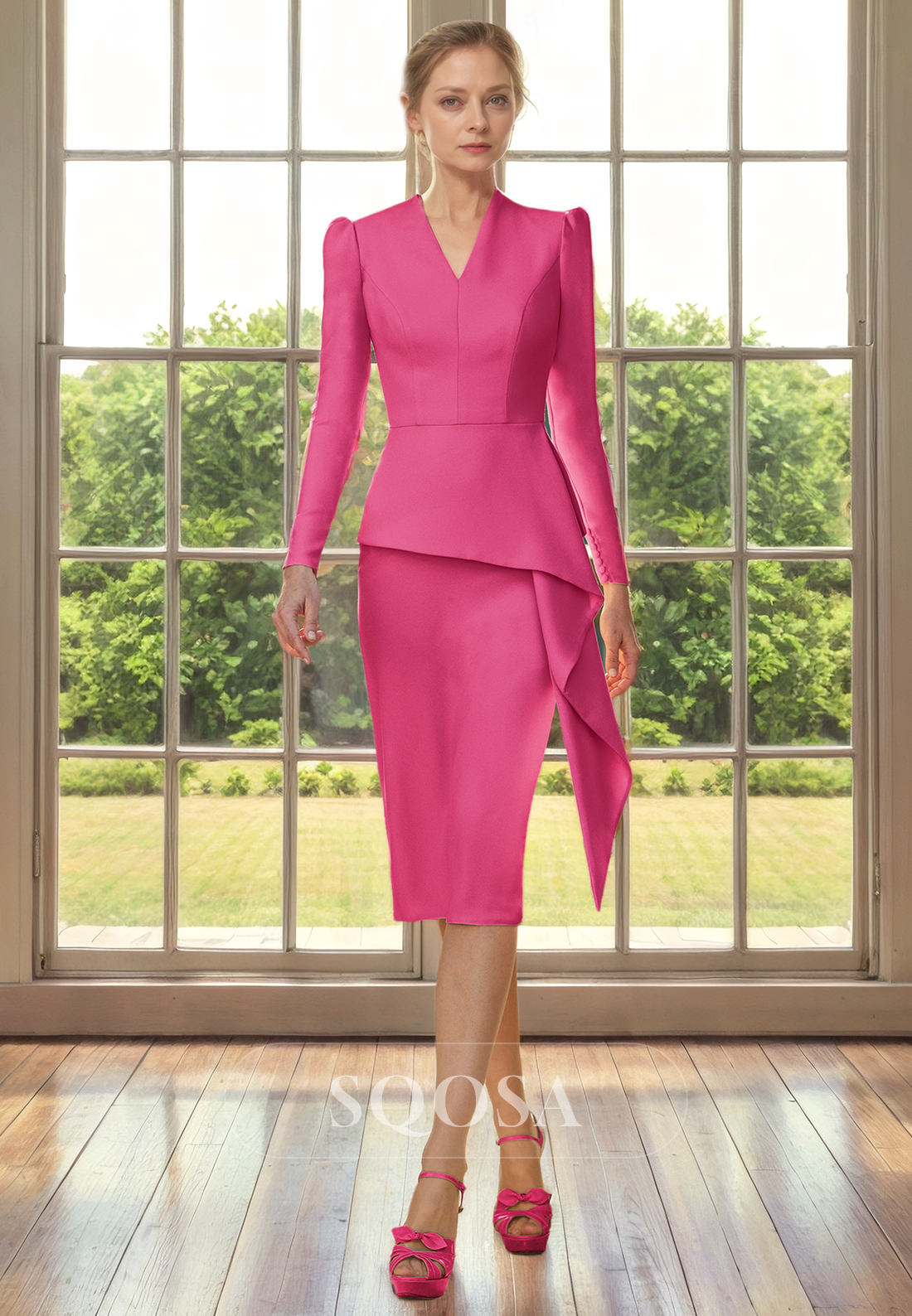 Sheath V Neck Long Sleeves Elegant Mother of the Bride Dress Short Coc –  SQOSA