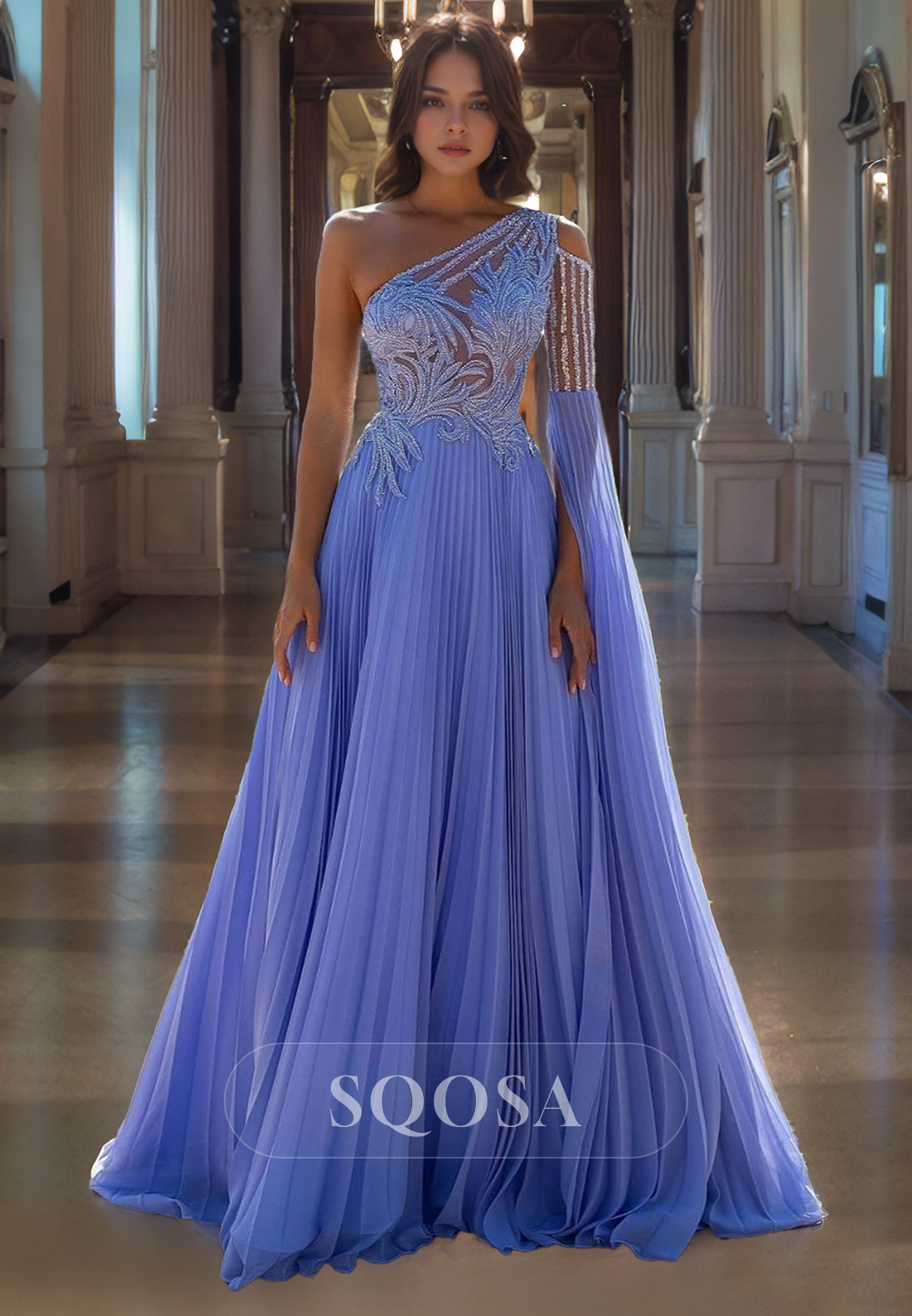 asymmetrical tulle prom dress Asymmetrical Tulle Beadings Prom Dress with Side Slit Sleeveless Floor misshow.com