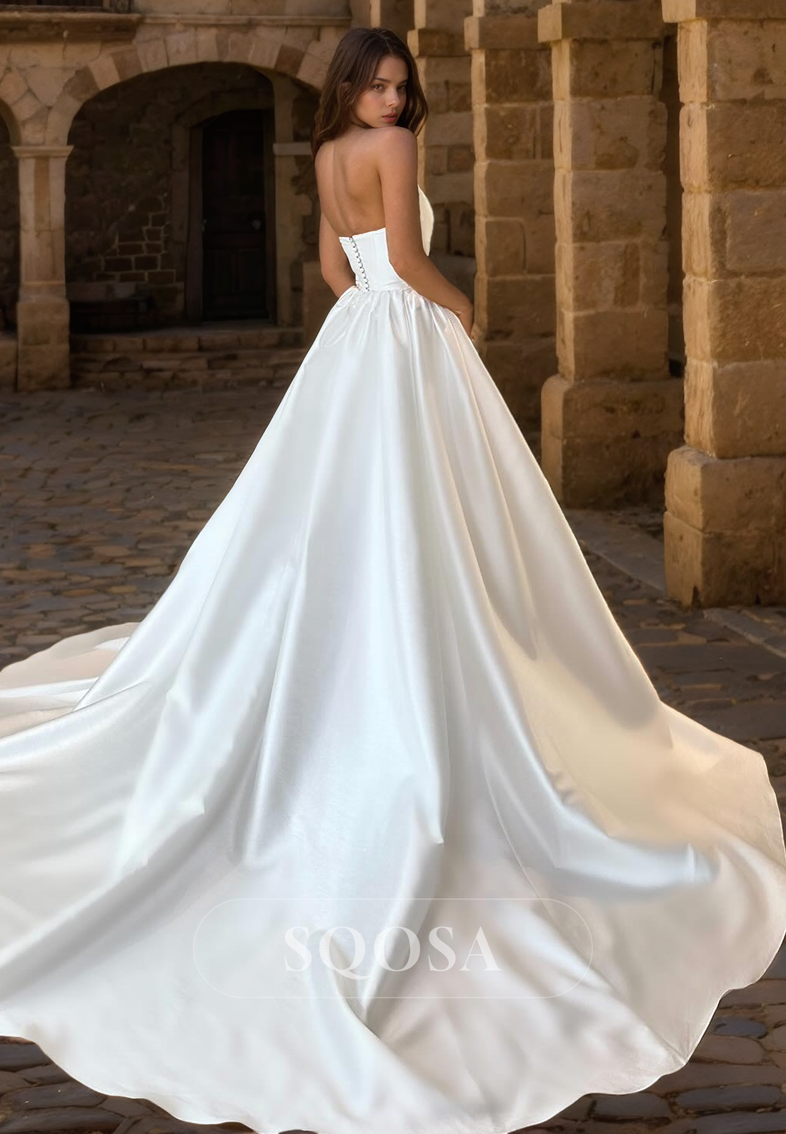 A Line Strapless Satin Elegant Wedding Dress with Pockets