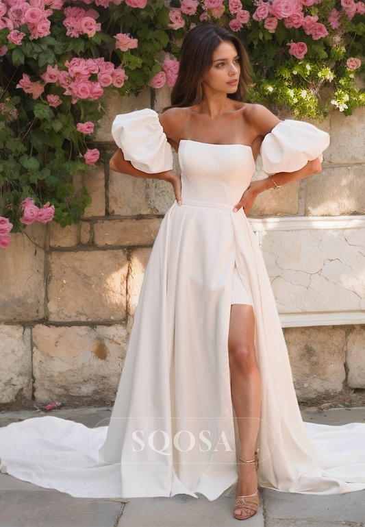 A-Line Puff Sleeves Wedding Dress Tube Top Satin Bride Dress with Detachable Overskirt