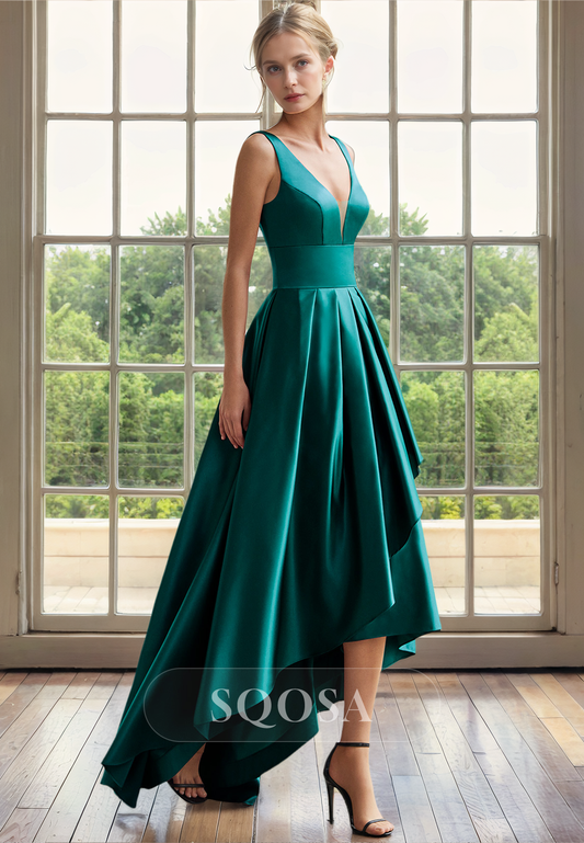 Sexy V Neck Satin Simple Cocktail Dress High Low Mother of the Bride Dress for Wedding