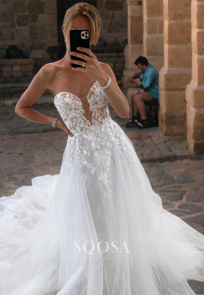 A-Line Sweetheart Sleeveless Illusion Cutout Applique and Beaded with Train Wedding Dress