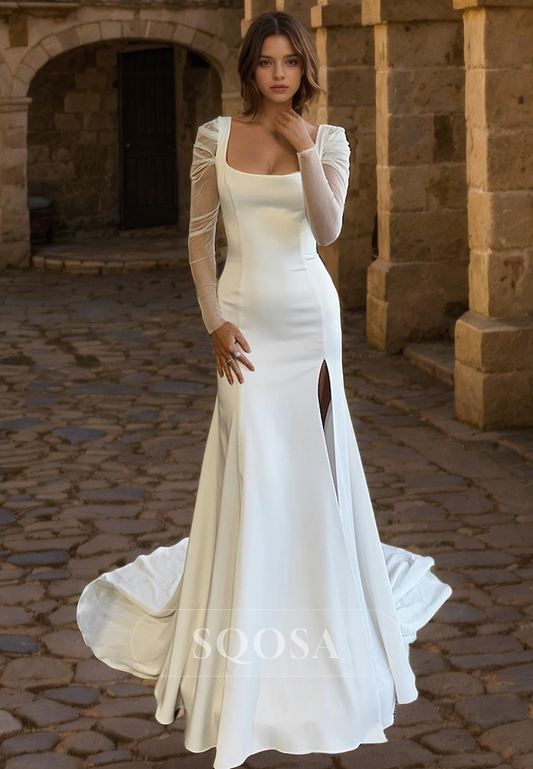 Mermaid Square Long Sleeves Elegant Wedding Dress with Slit