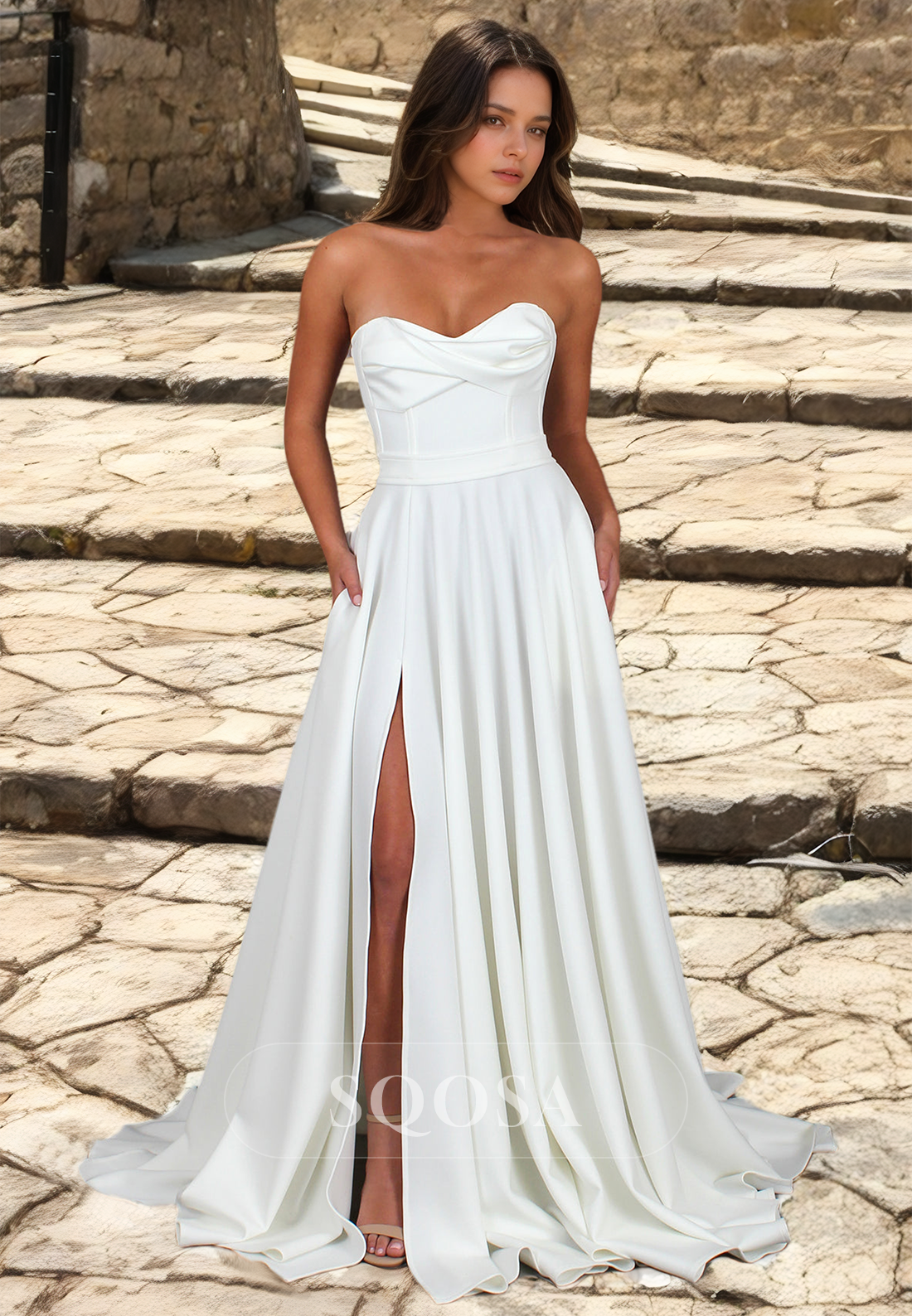 Simple Pleated Sweetheart Sleeveless A-Line Bride Gowns High-Slit Sweep Train Wedding Dress