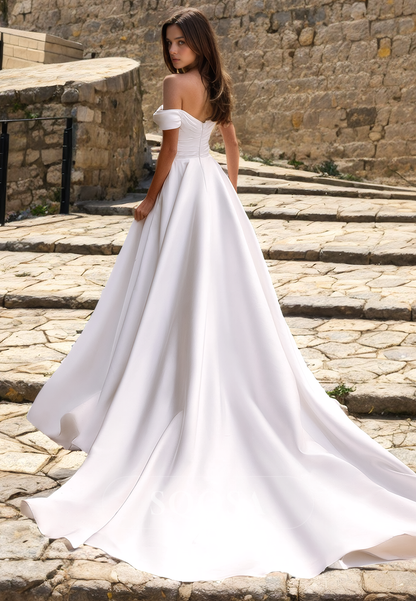 A Line Strapless Flower Satin Romantic Wedding Dress with Train