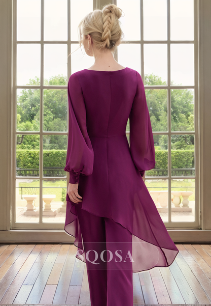 Elegant Chiffon Long Sleeves Pant Suits Mother of the Bride Dress for Wedding