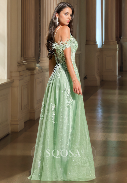 Sweetheart Sleeveless Glitter-Knit Applique Fringed Floor-Length A-Line Prom Dress with High Slit