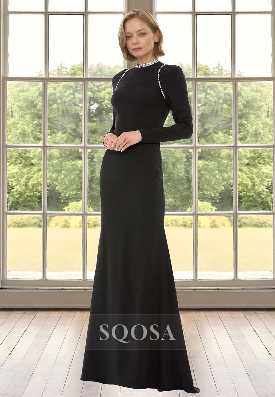 High Scoop-Neck Long-Sleeves Mermaid Mother of the Bride Dress Beaded Floor Length Satin Cocktail Gowns