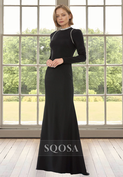 High Scoop-Neck Long-Sleeves Mermaid Mother of the Bride Dress Beaded Floor Length Satin Cocktail Gowns