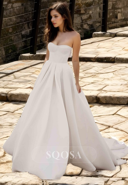 Simple Sweetheart Off-Shoulder A-Line Boho Wedding Dress Pleated Sweep Train Beach Bride Gowns