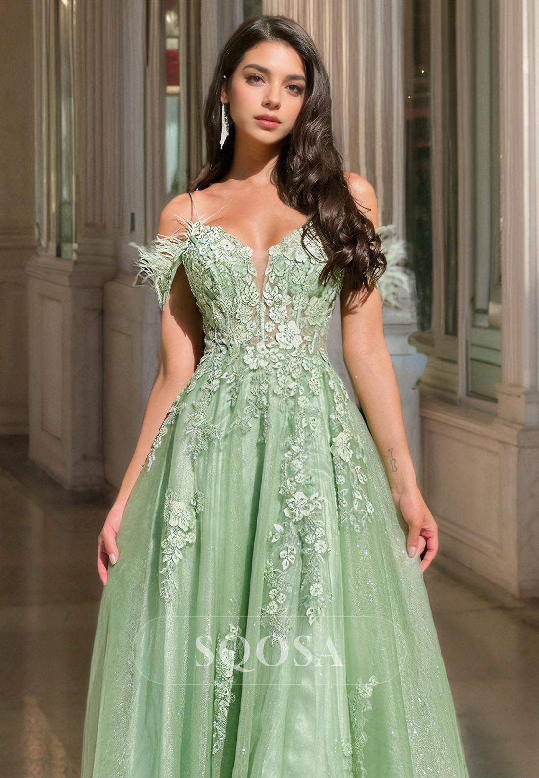 Sweetheart Sleeveless Glitter-Knit Applique Fringed Floor-Length A-Line Prom Dress with High Slit