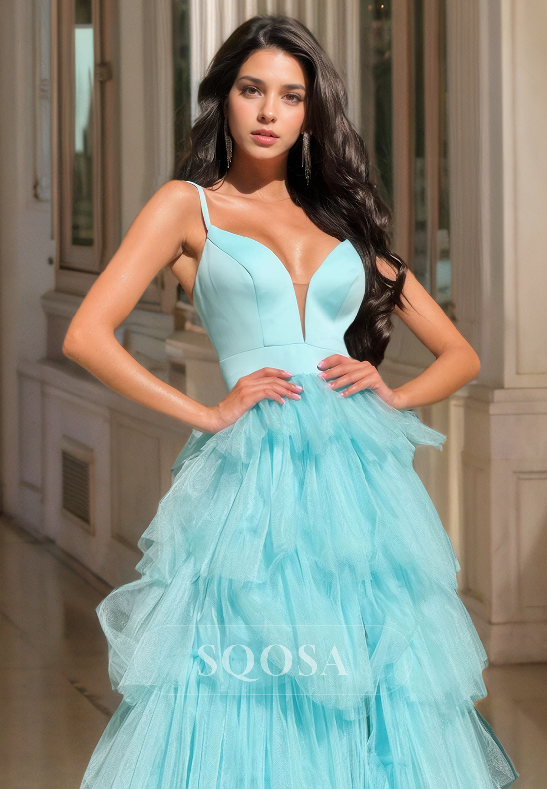 Spaghetti Straps Off-Shoulder Pleated A-Line Prom Dress Deep V-Neck Sleeveless High Slit Formal Gowns