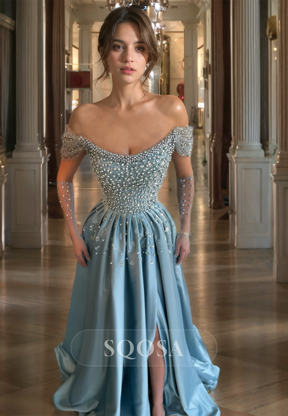 Scoop-Neck Off-Shoulder A-Line Party Dress Beaded Pleated Floor-Length Slit Prom Dress with Tulle Gloves