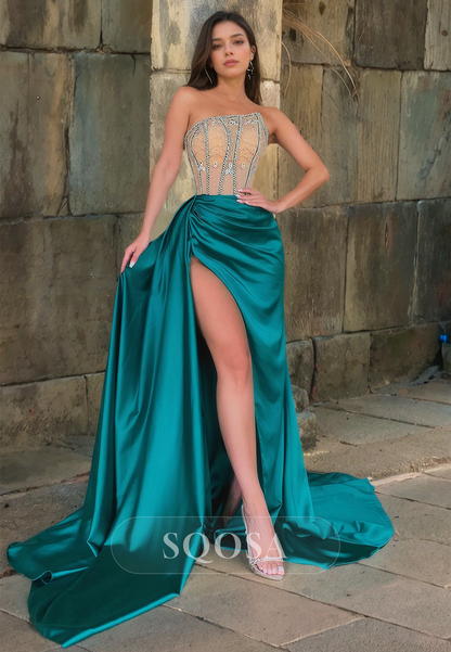 Asymmetrical Tube Top Sleeveless Beaded A-Line High Slit Formal Prom Dress with Sweep Train