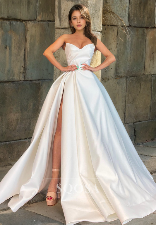 V-Neck Off-Shoulder A-Line Formal Evening Gowns Sleeveless Pleated Satin High Slit Prom Dress