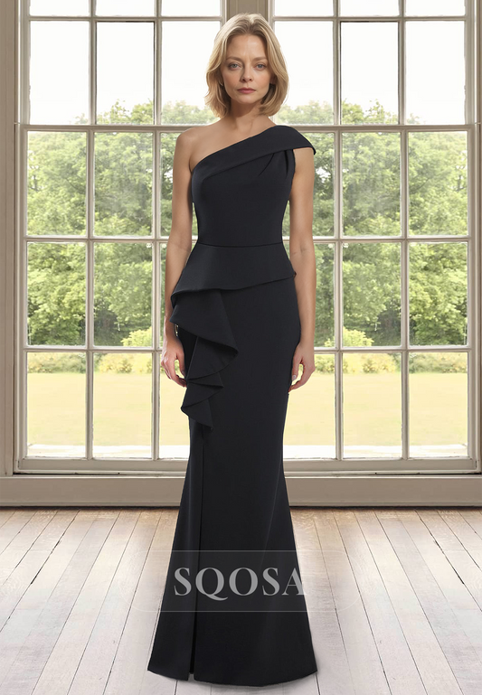 Off-Shoulder Sleeveless Pleated Mermaid Mother of the Bride Dress Asymmetrical-Neck Chiffon Cocktail Gowns