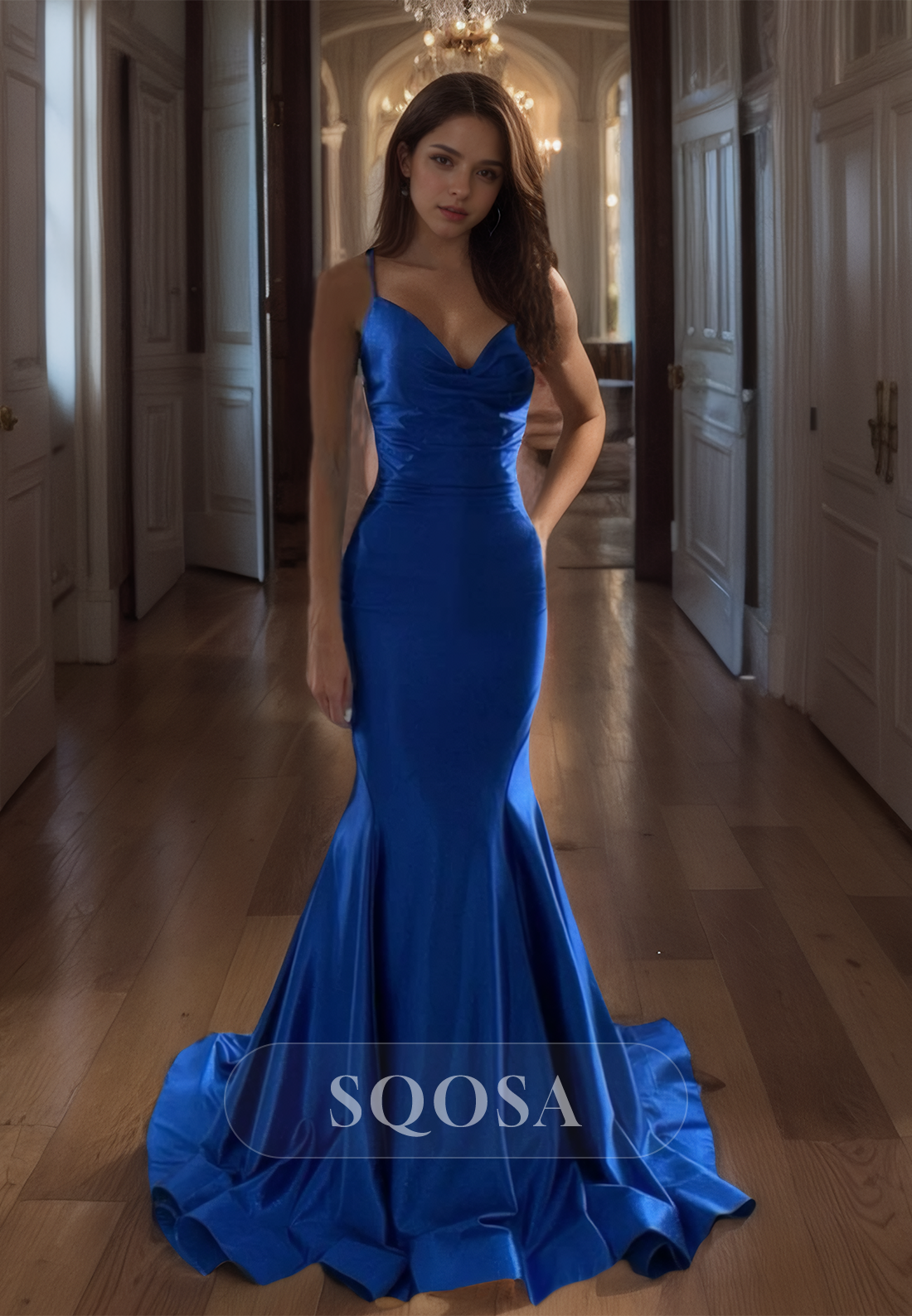 Spaghetti Straps V-Neck Sleeveless Mermaid Prom Dress Off-Shoulder Pleated Sweep Train Formal Gowns